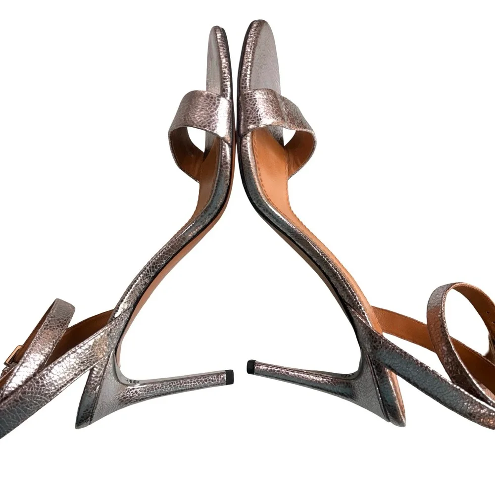 Tory Burch Metallic Silver Leather Ankle Strap Heels Sandals Size 9 Stiletto